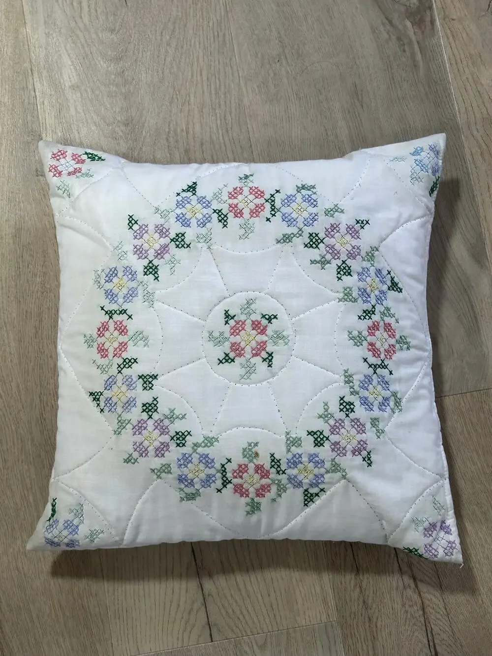 Handmade Cross Stitch Floral Quilted Throw Pillow 16x16 Cottagecore VTG Style